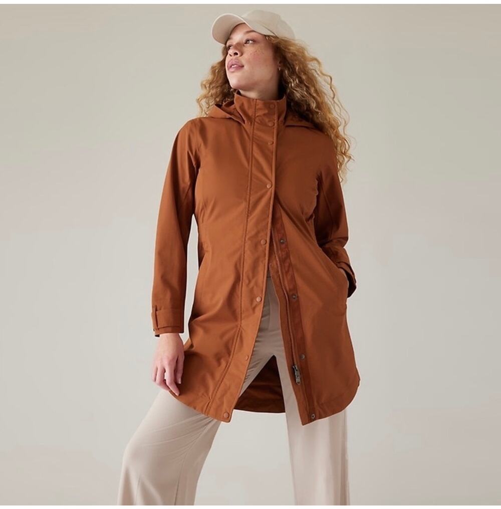 Athleta Coat Womens 2X Orange Brown RainOut Sutro Long Trench Jacket Hood Travel